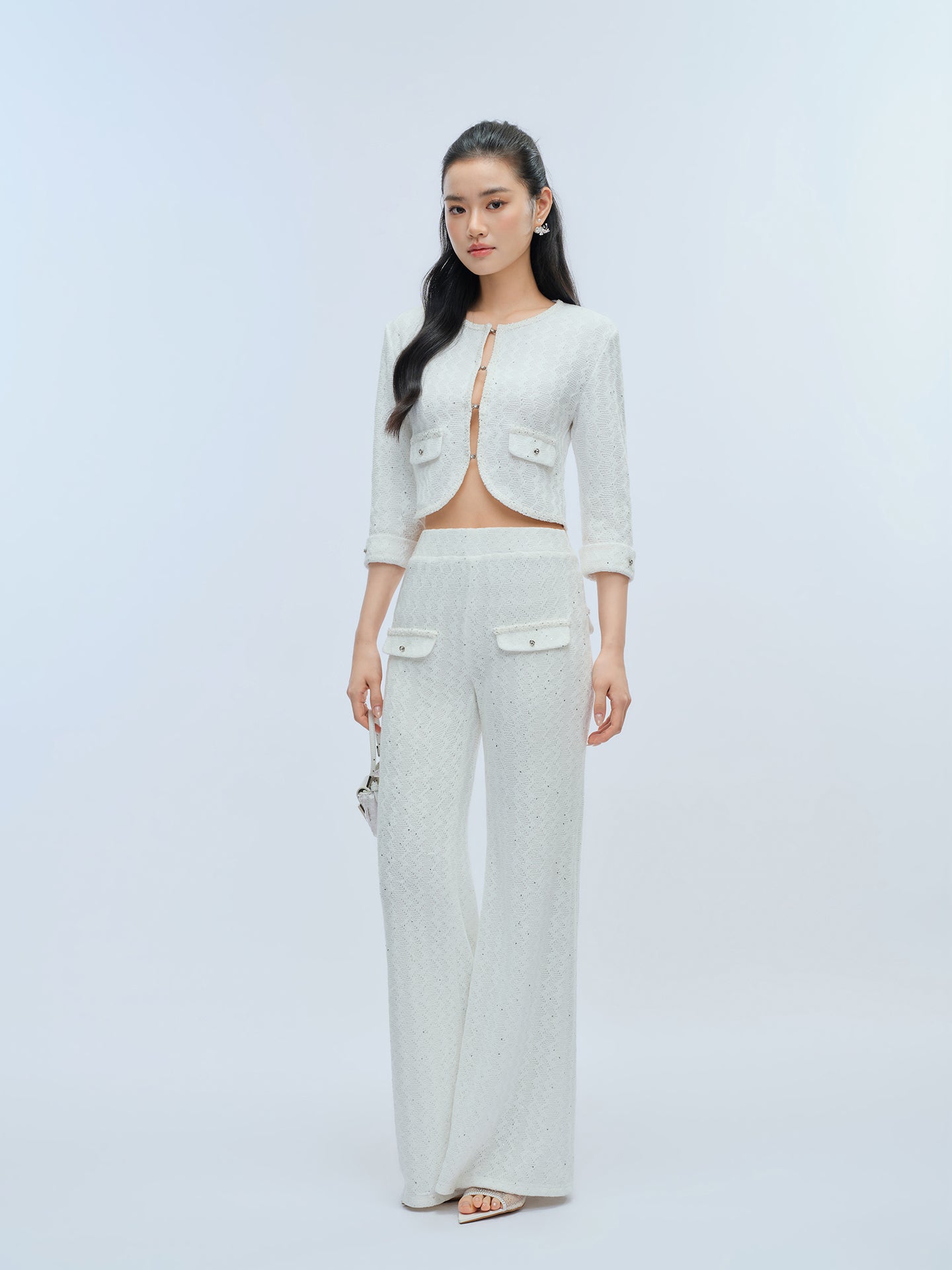 J TheChosen Openwork Sequin Knit Set with Flared Pants