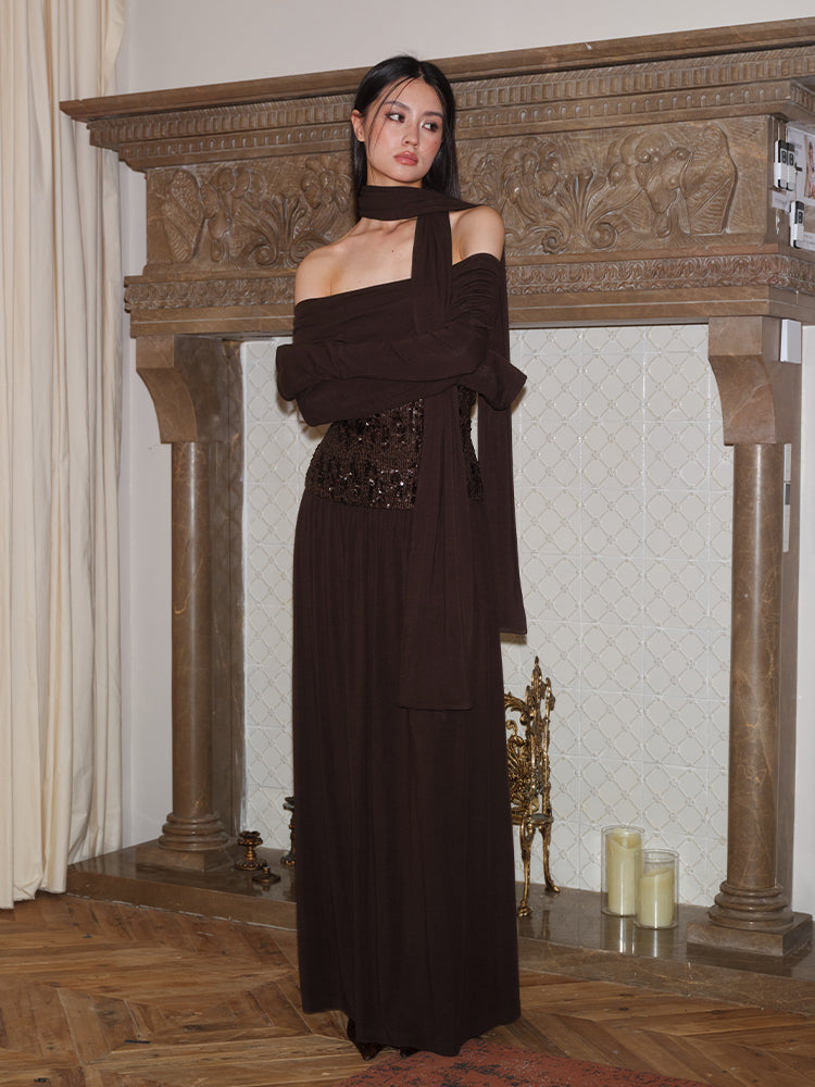 J TheChosen "Starlight" Off-Shoulder Sequin Gown with Scarf