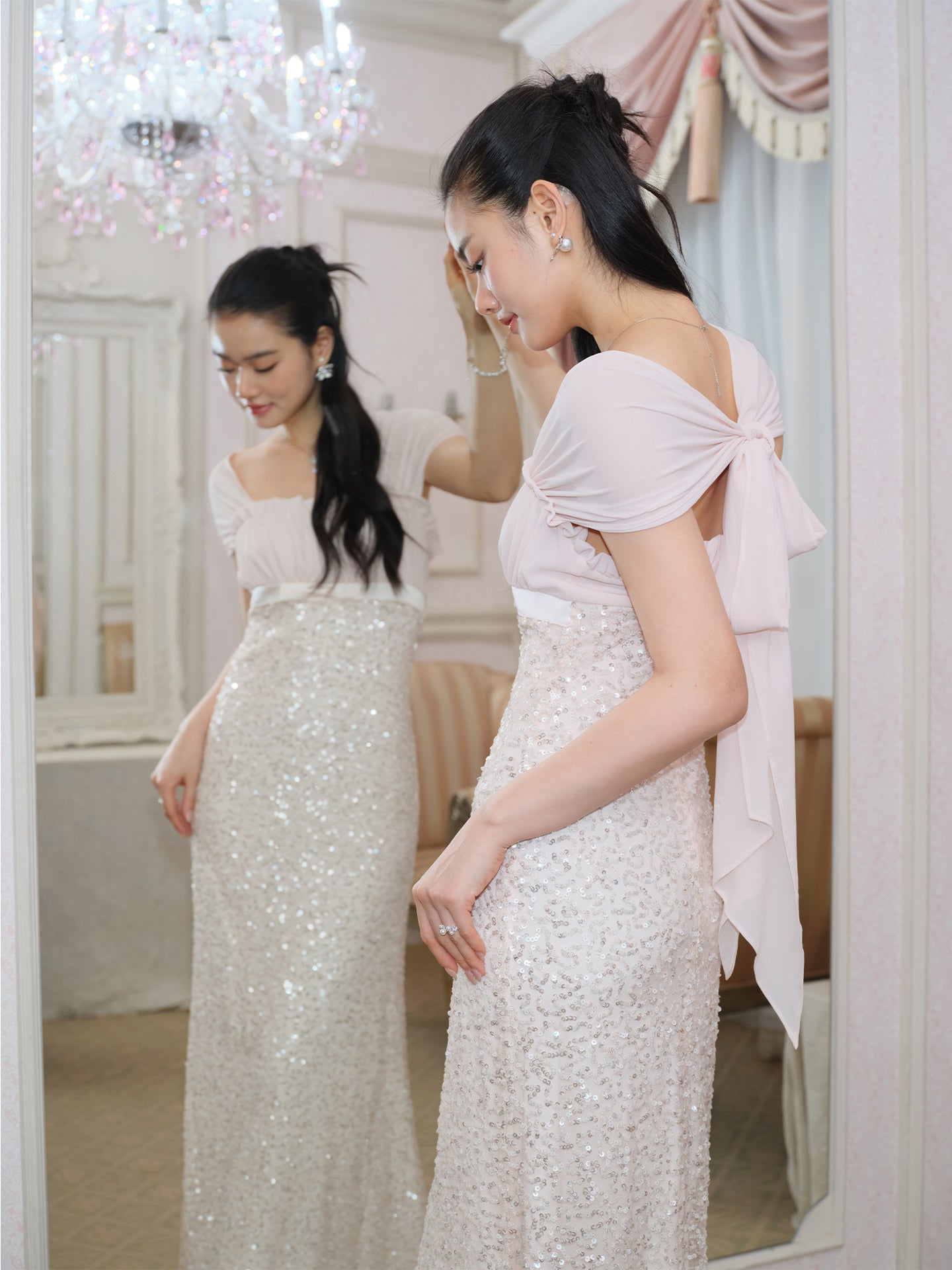 J TheChosen Pink Sequin Chiffon Bow Dress