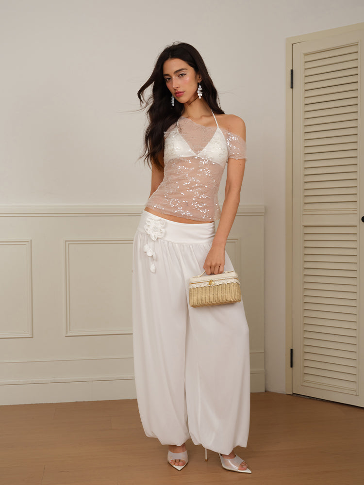 J TheChosen “Radiant"Asymmetrical One-Shoulder Sequin Sheer Mesh Slim-Fit Base Top