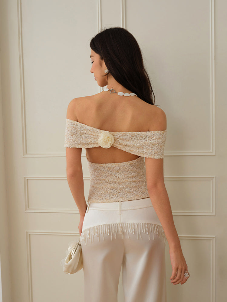 J TheChosen "Floral Grace"Off-Shoulder Back flower Lace Top
