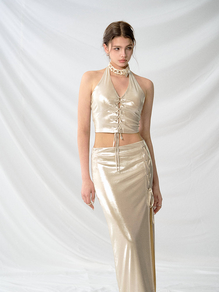 J TheChosen Champagne Glossy Short Skirt