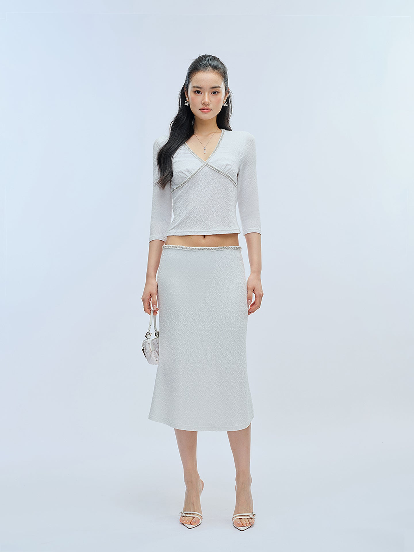 J TheChosen Pearl White V-Neck Top & Mermaid Skirt Set