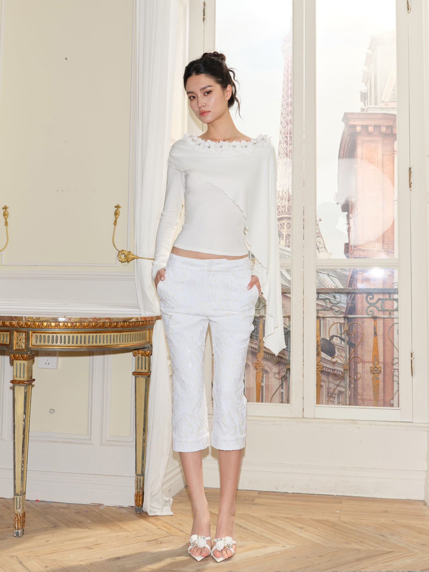 J TheChosen Sequin-Embroidered Flared Cropped Pants