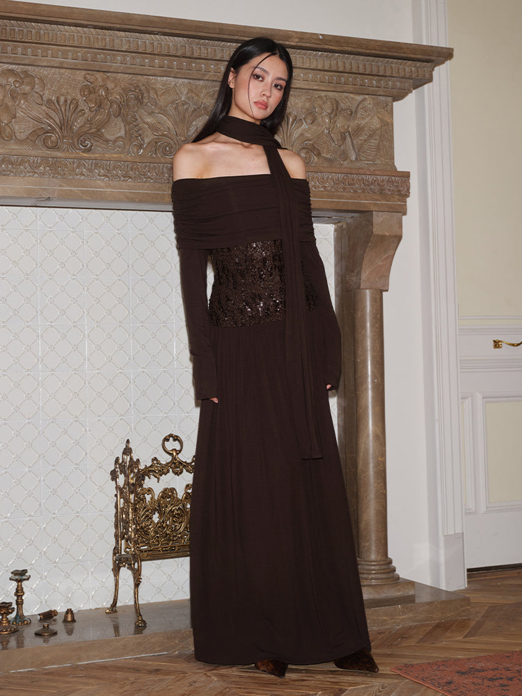 J TheChosen "Starlight" Off-Shoulder Sequin Gown with Scarf