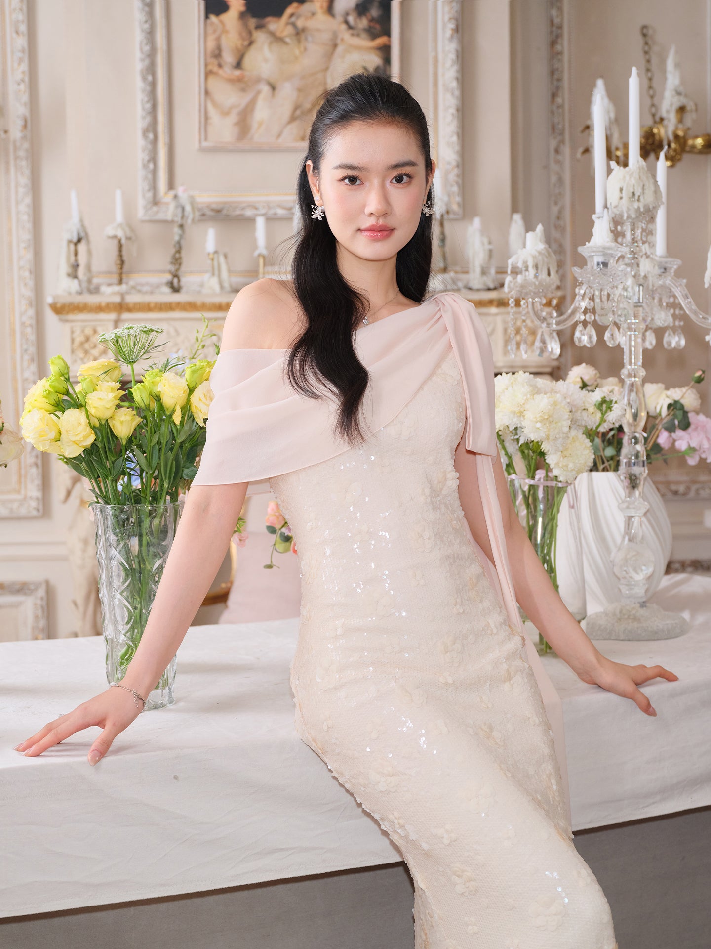 J TheChosen Off-Shoulder Sequin Gown with Bow and Streamer