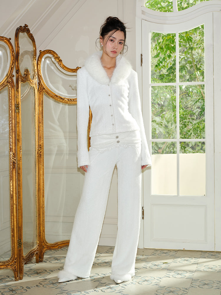 J TheChosen "Snowdrift" Lace-Bodice Wide-Leg Pants