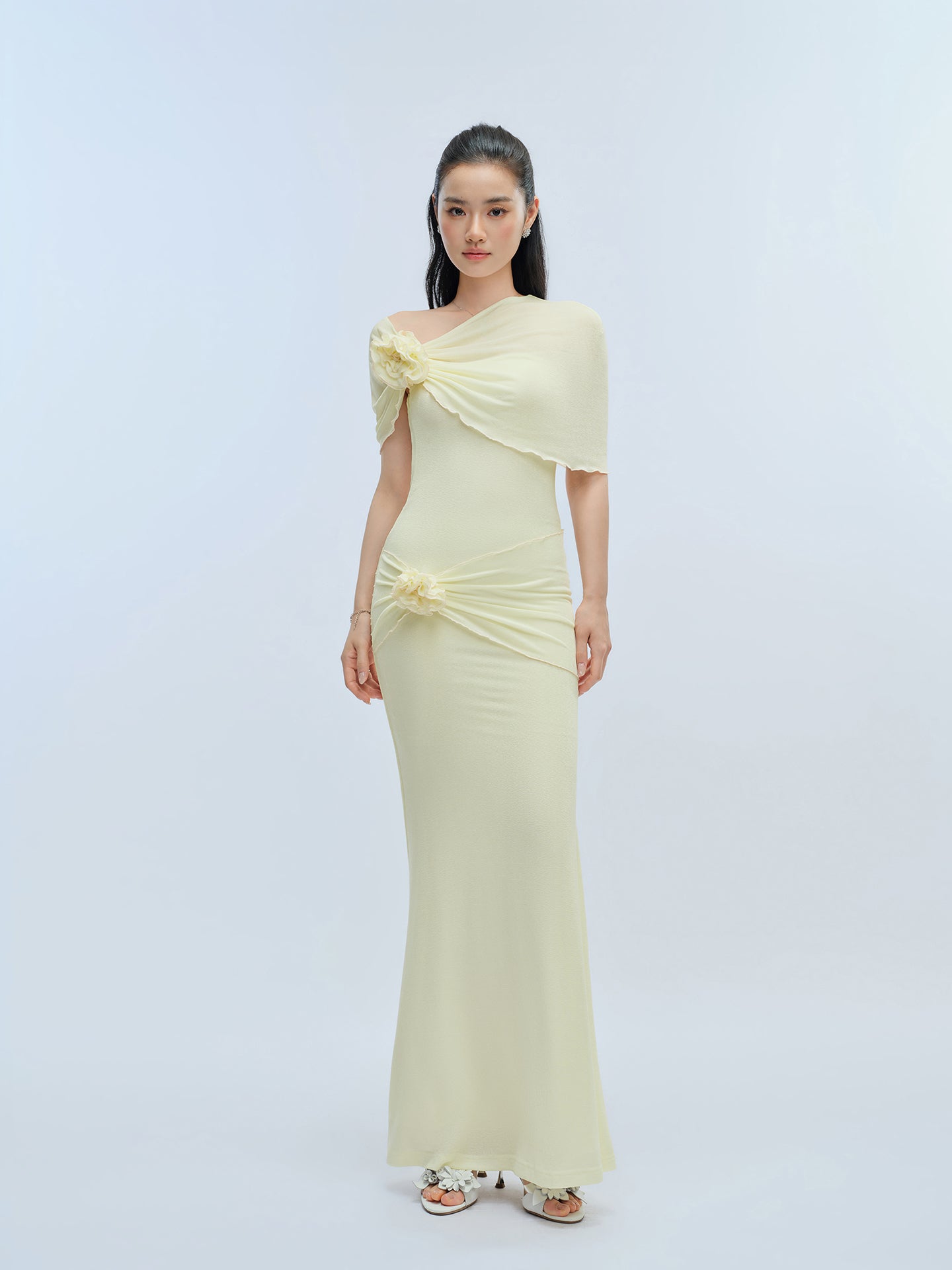 J TheChosen Yellow Satin Gown with Floral Stole