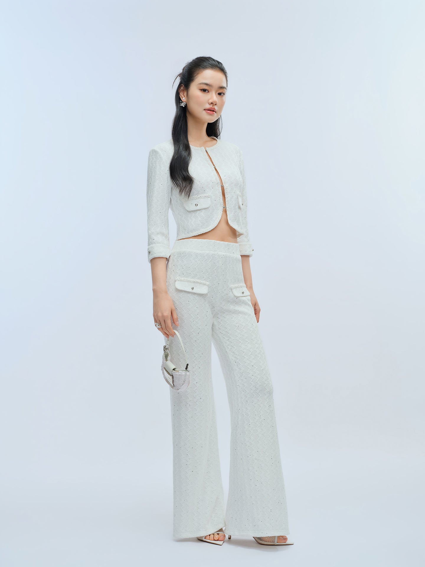 J TheChosen Openwork Sequin Knit Set with Flared Pants