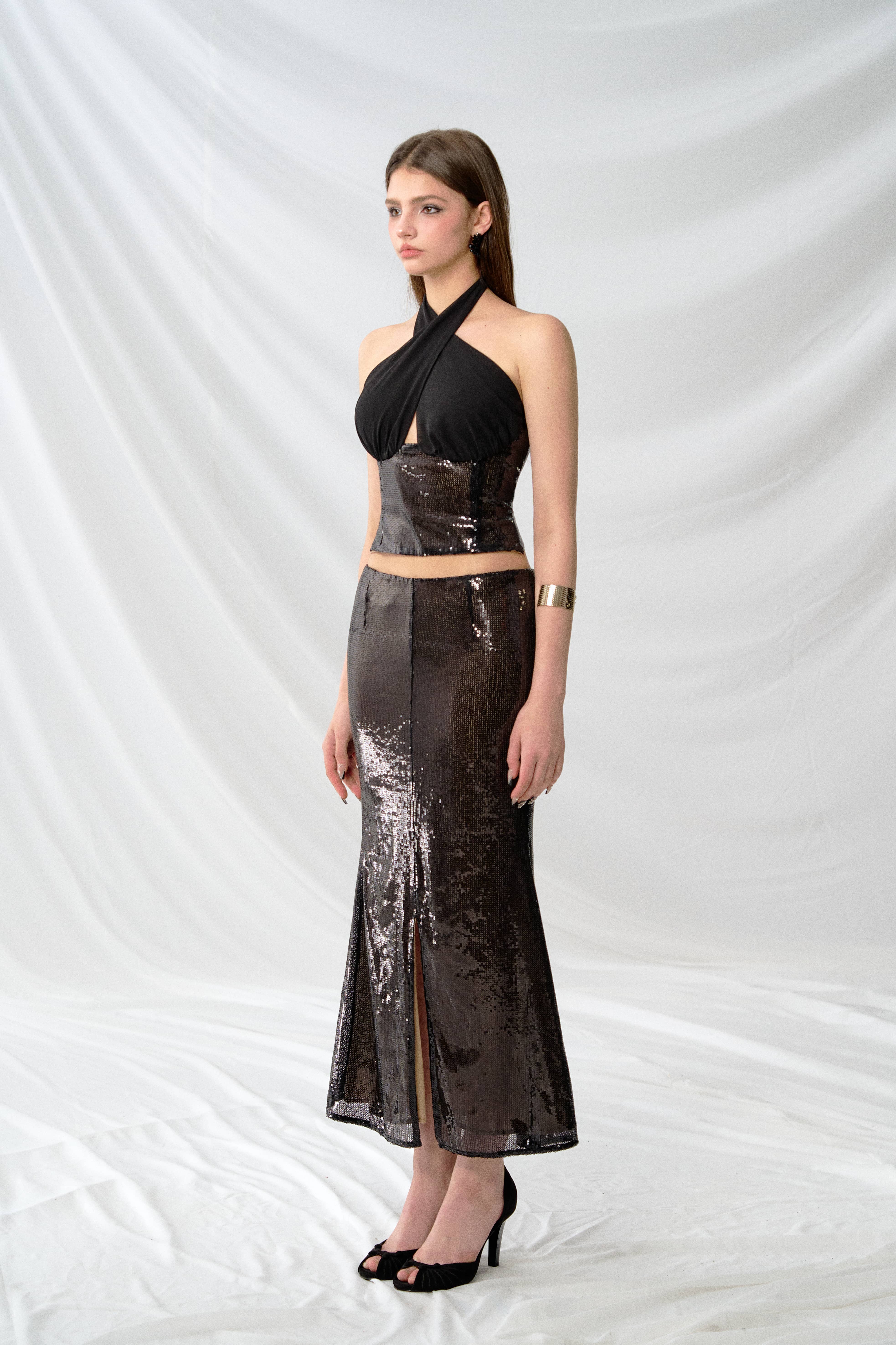 J TheChosen Black Sequin Chiffon Patchwork Top