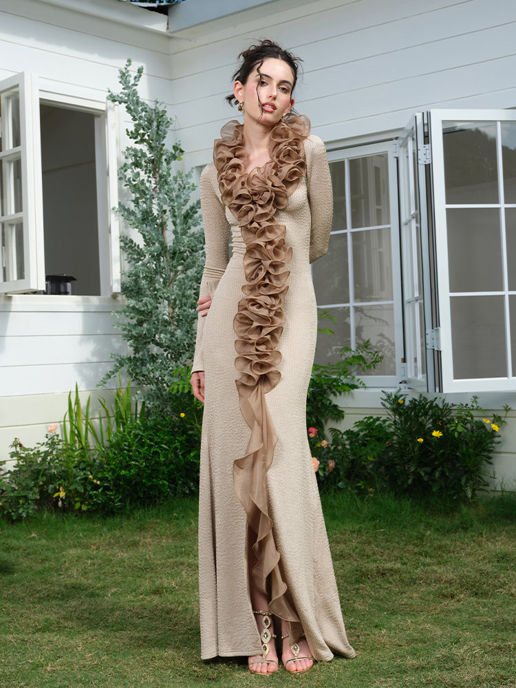 J TheChosen “Embered Gold"Gold 3D ruffled hemline split maxi dress