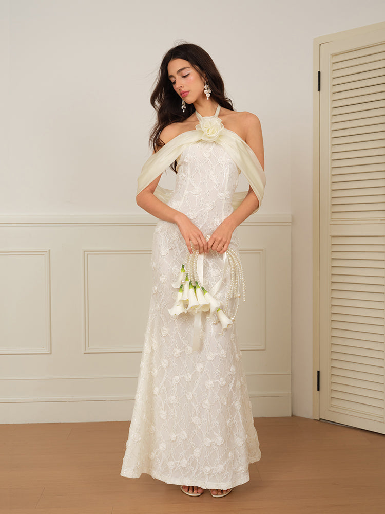 J TheChosen "Mist Bloom" Lace Sequin Embroidered 3D Flower Draped Dress / Long Dress