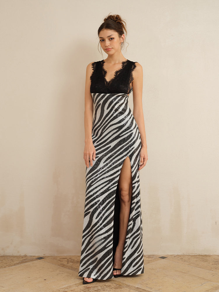 J TheChosen Zebra Print Sequin Maxi Dress