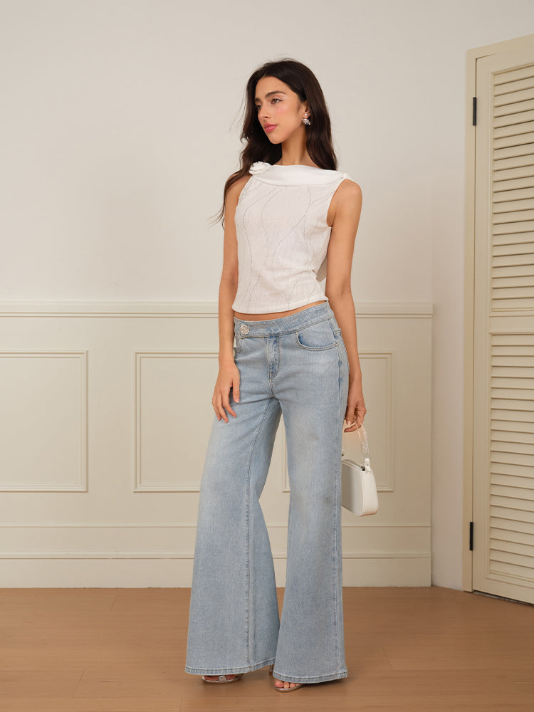 J TheChosen “Azure Starlight” Light Washed Crystal Button Wide-Leg Jeans