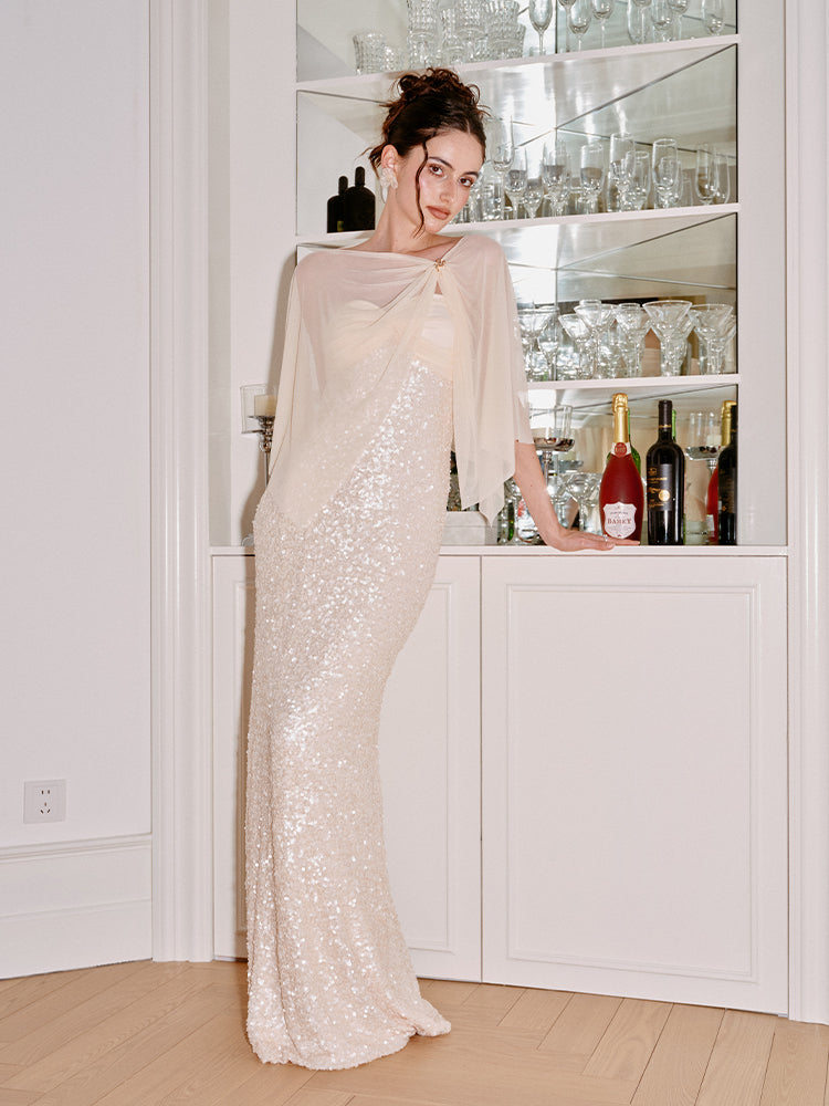 J TheChosen "Golden Reverie" Strapless cape gown maxi dress