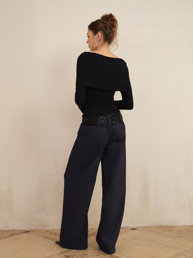 J TheChosen Dual-Waist Lace and Sequin Patchwork Navy Wide-Leg Pants