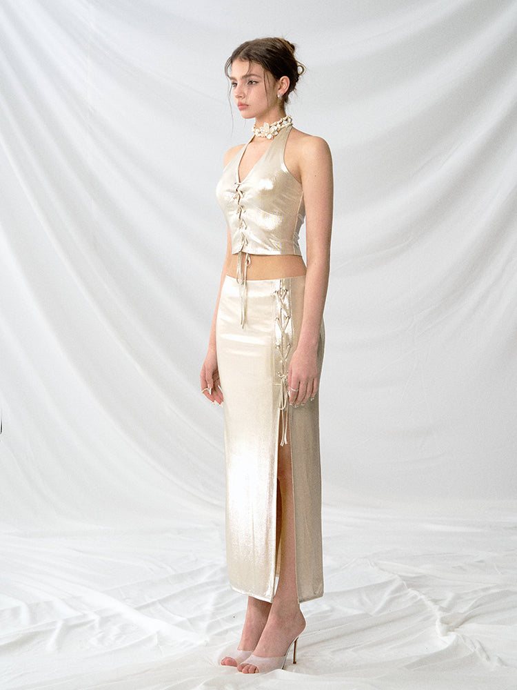 J TheChosen Champagne Glossy Short Skirt