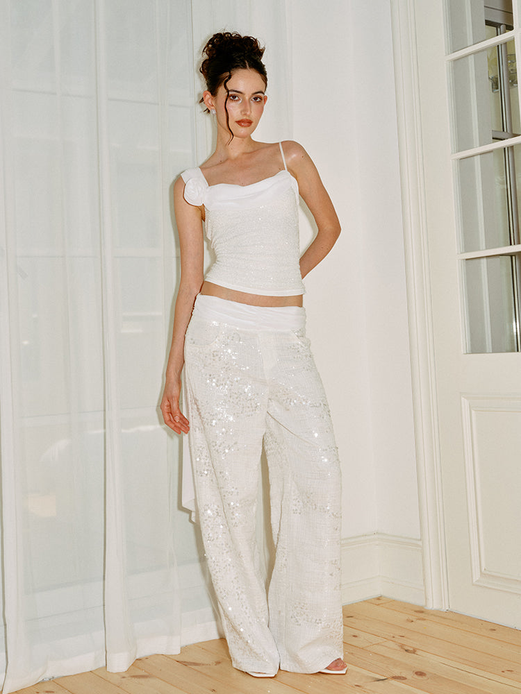 J TheChosen"Midday Moonbeam"White Sequin linen chiffon pleated pants