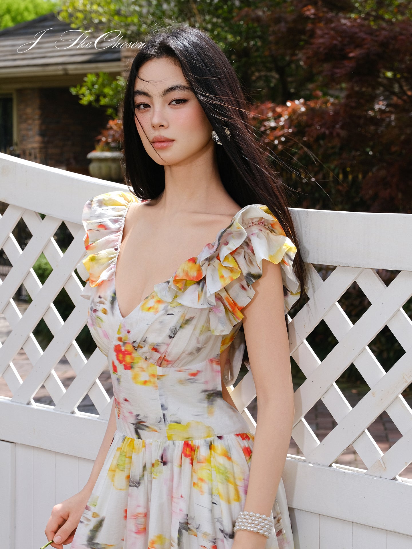 J TheChosen Ombre Floral Ruffle V-Neck Vacation Dress