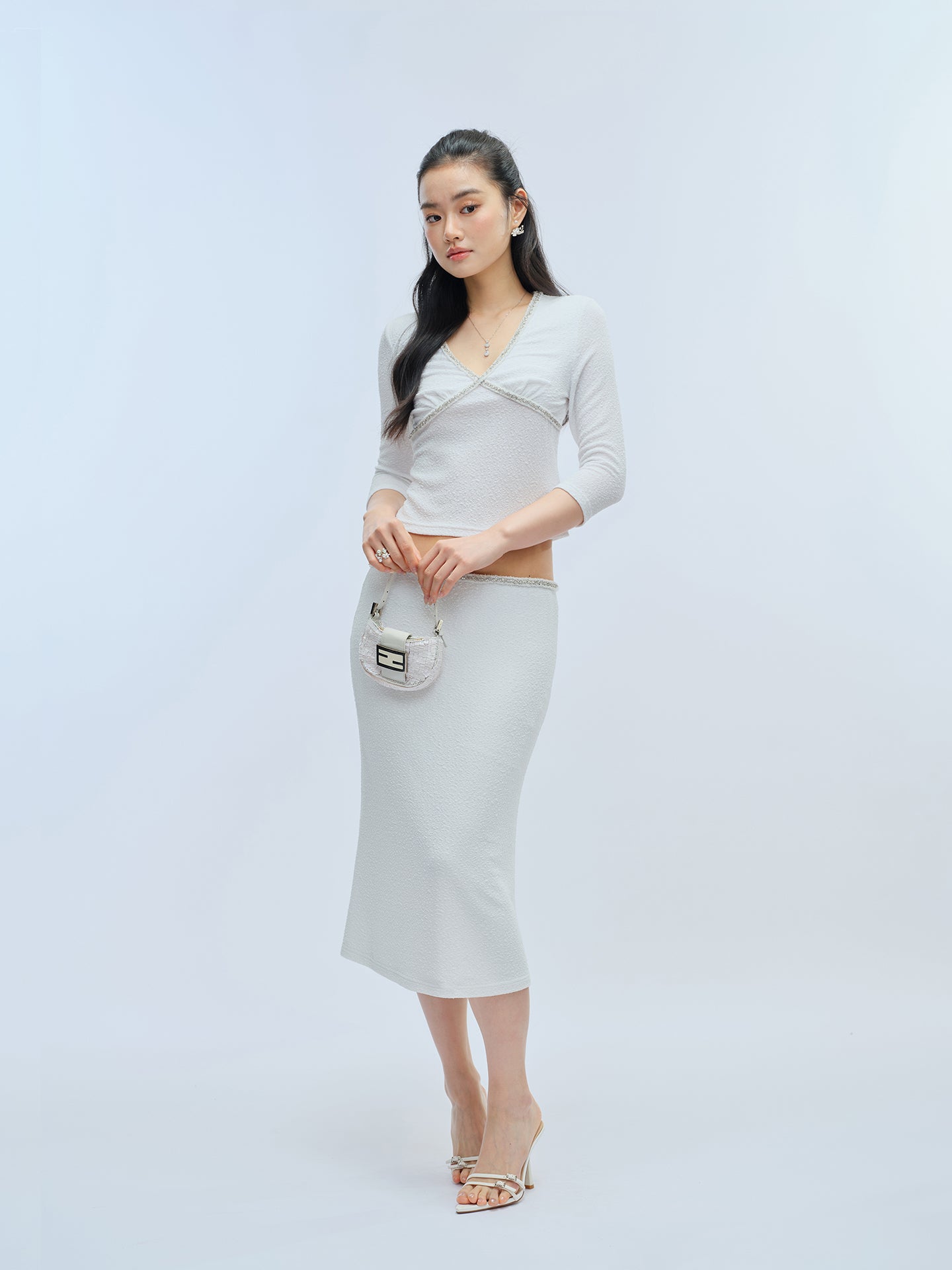 J TheChosen Pearl White V-Neck Top & Mermaid Skirt Set