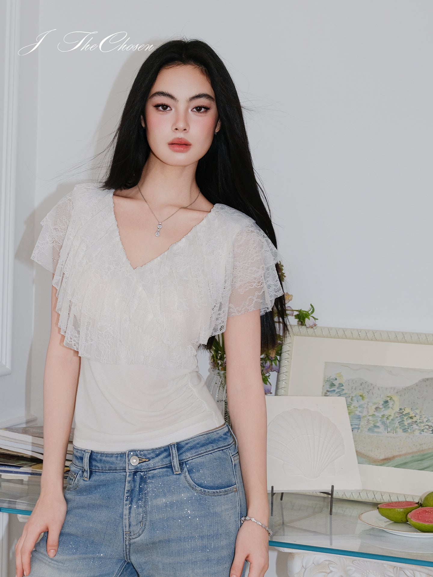 J TheChosen Lace Ruffle V-Neck Knit Top