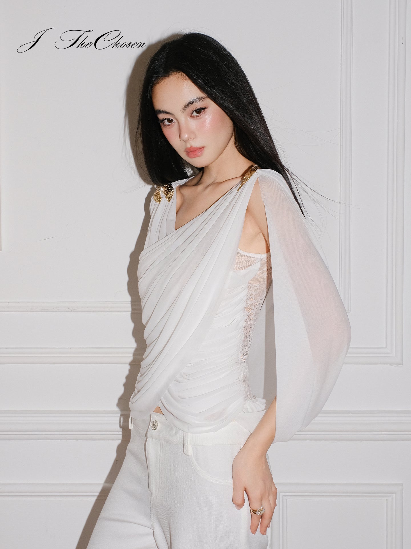 J TheChosen White Grecian Ruched Crisscross Cami