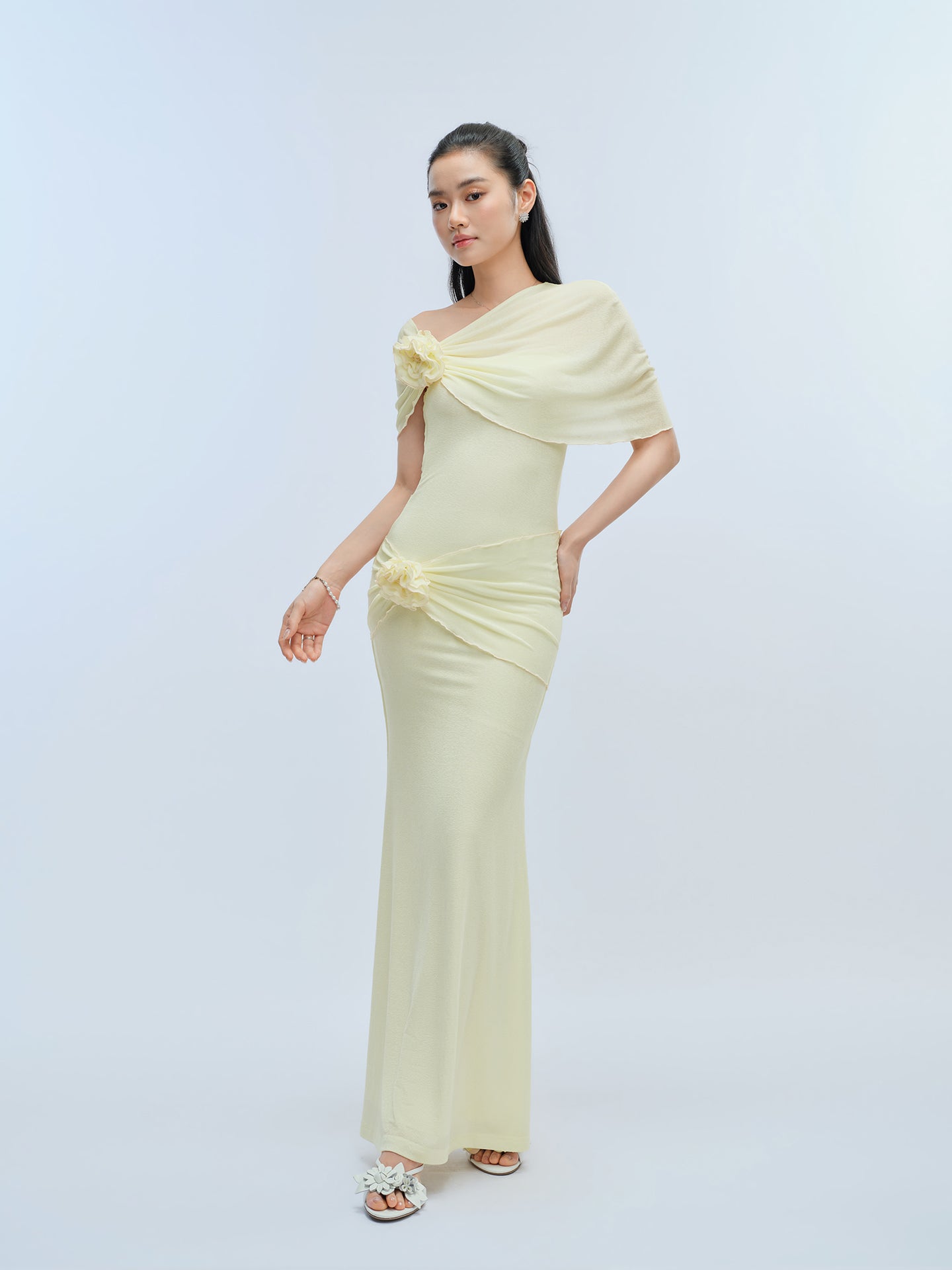 J TheChosen Yellow Satin Gown with Floral Stole