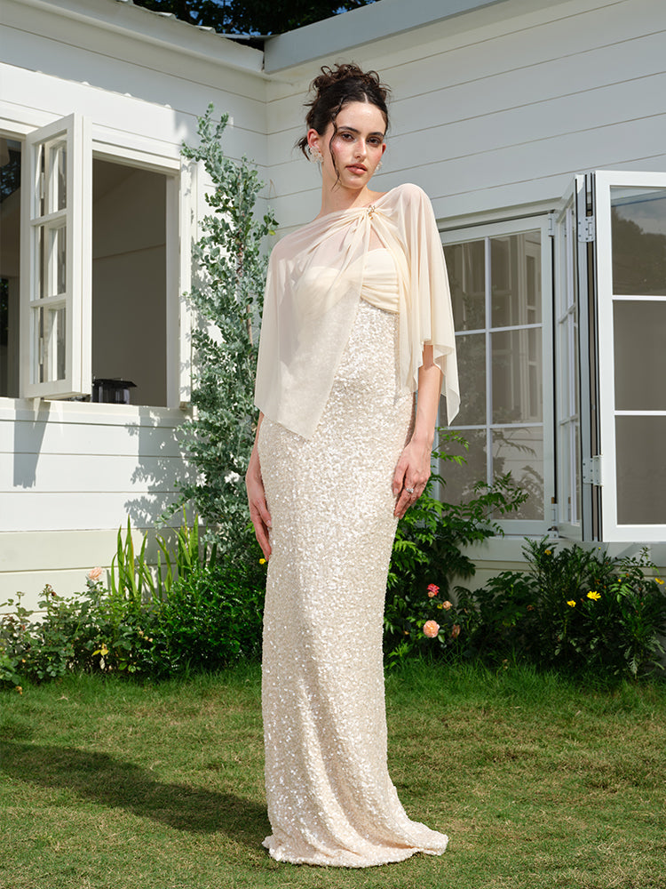 J TheChosen "Golden Reverie" Strapless cape gown maxi dress