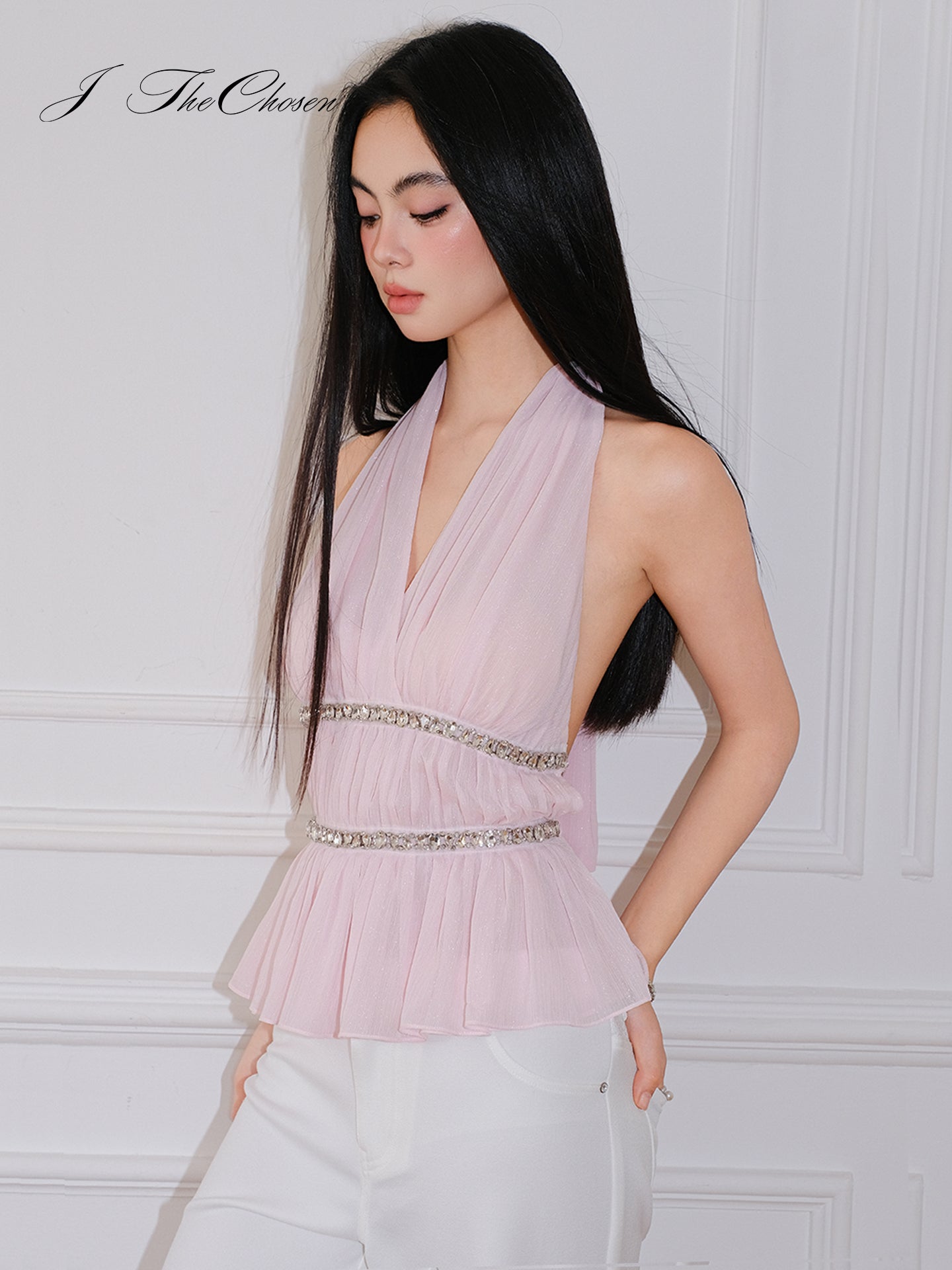 J TheChosen Chiffon Ruffle Halter Cami