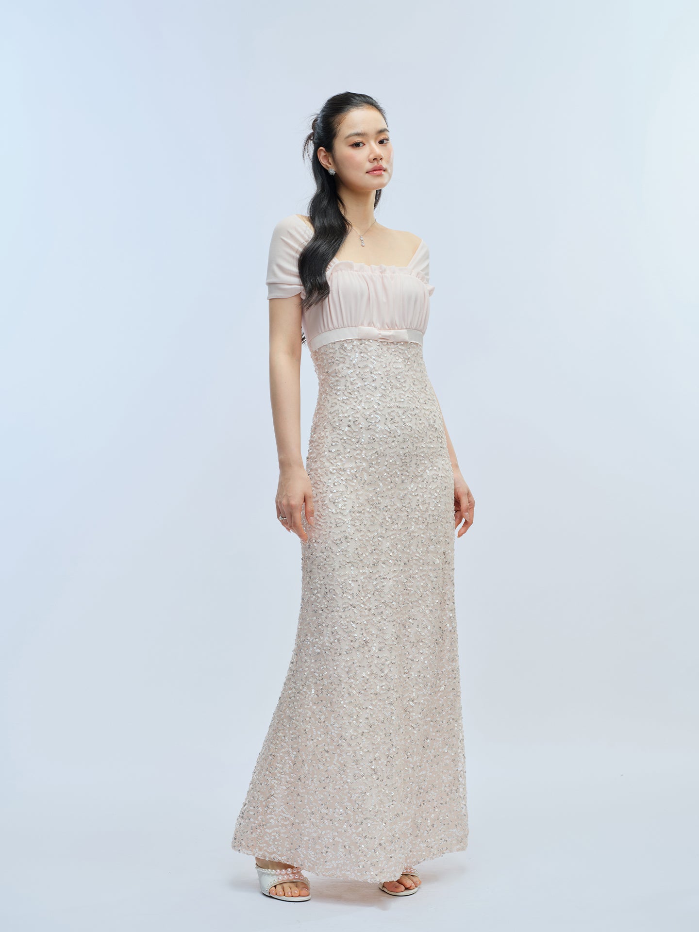 J TheChosen Pink Sequin Chiffon Bow Dress