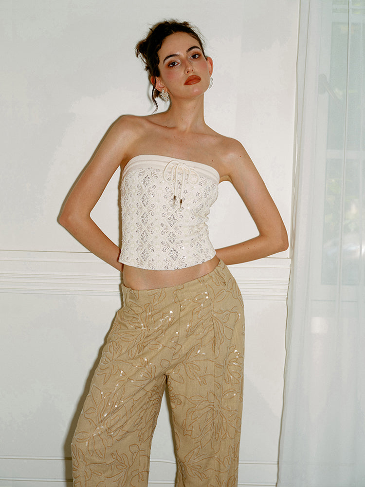 J TheChosen Beaded Heavy Embroidery Strapless Top