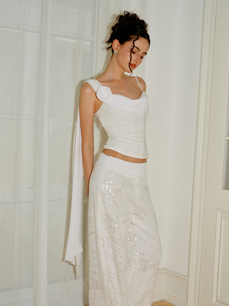 J TheChosen White Sequin Chiffon With 3D Floral Top