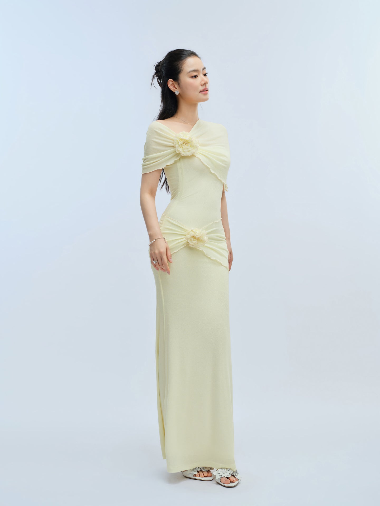 J TheChosen Yellow Satin Gown with Floral Stole