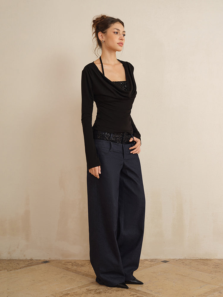 J TheChosen Dual-Waist Lace and Sequin Patchwork Navy Wide-Leg Pants