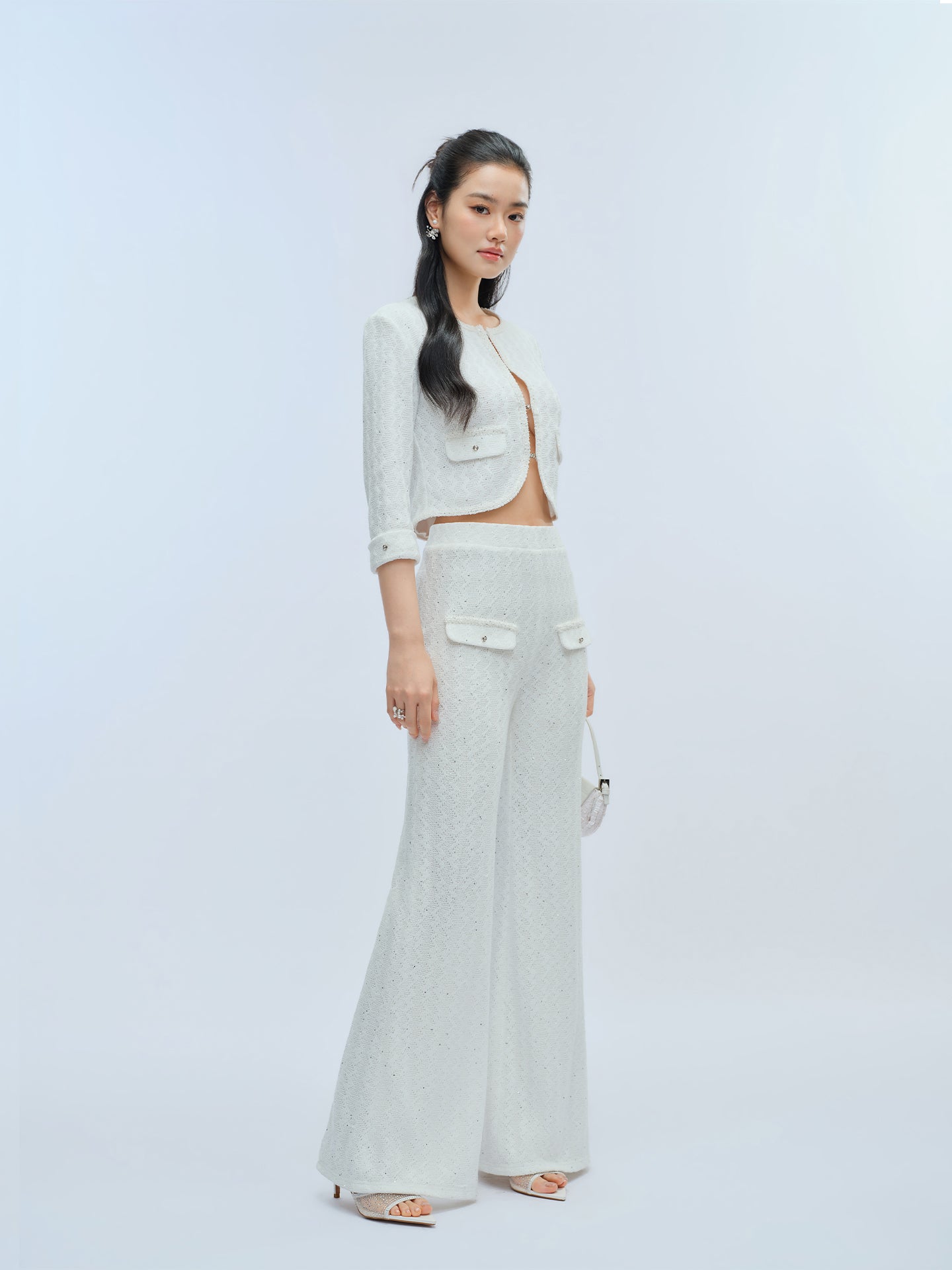 J TheChosen Openwork Sequin Knit Set with Flared Pants