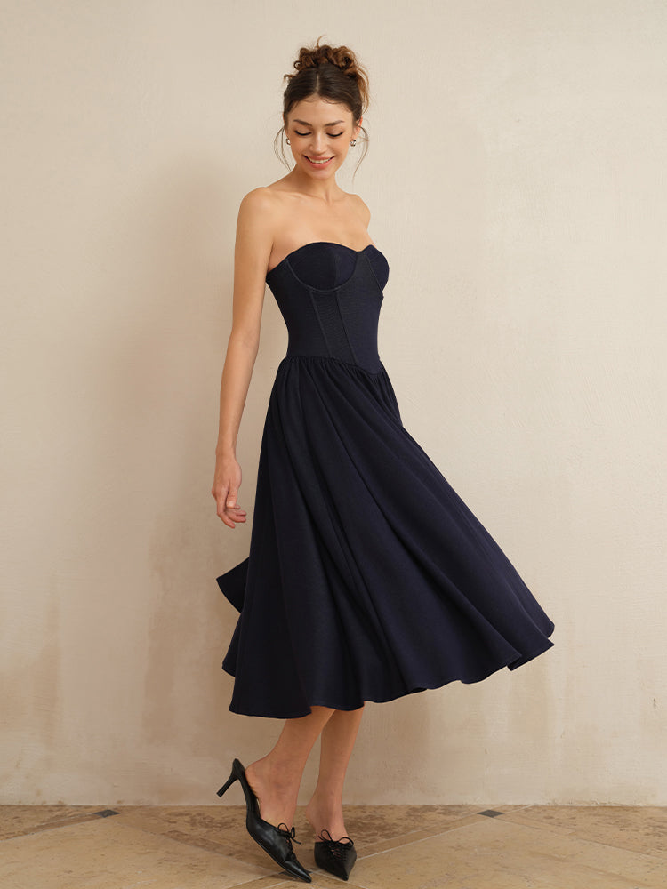 J TheChosen Navy Strapless Corset Midi Dress With Cardigan