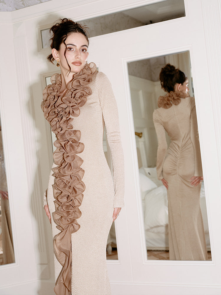 J TheChosen “Embered Gold"Gold 3D ruffled hemline split maxi dress