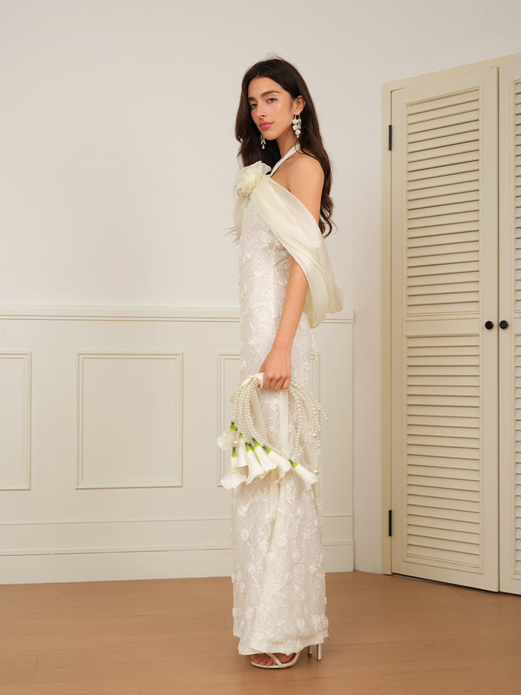 J TheChosen "Mist Bloom" Lace Sequin Embroidered 3D Flower Draped Dress / Long Dress