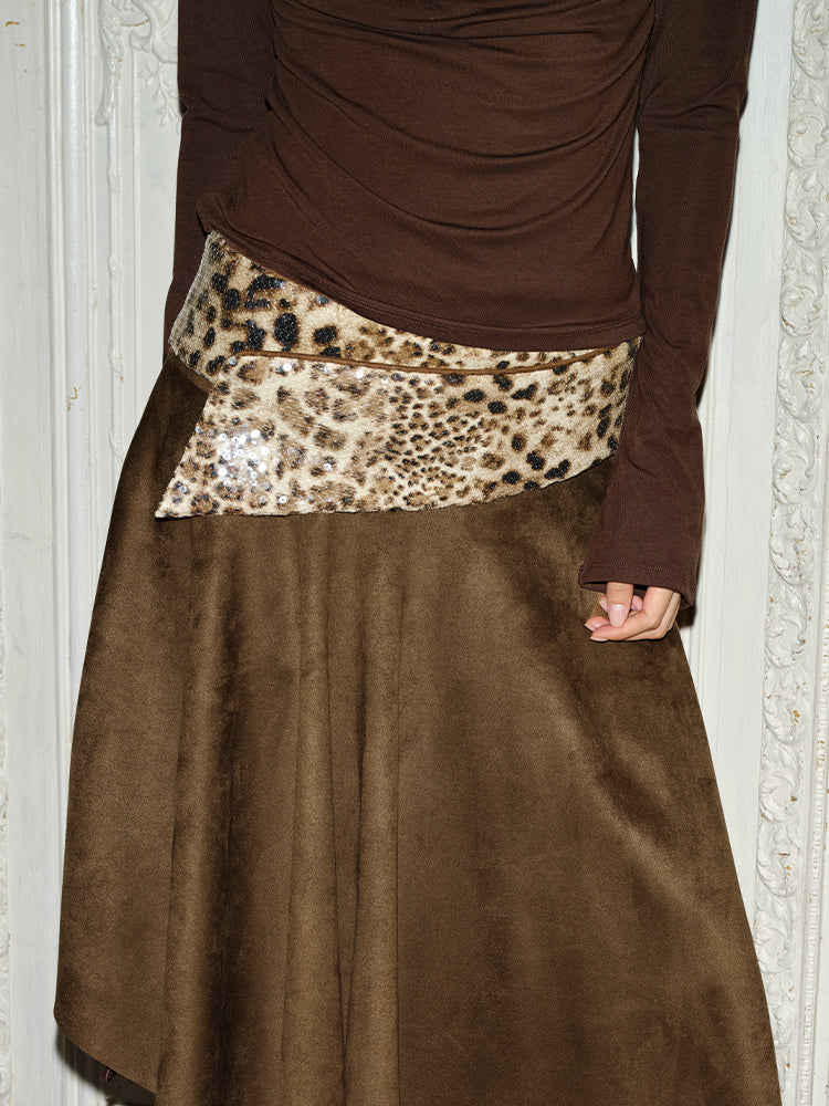 J TheChosen Brown Suede Skirt with Leopard Print Belt