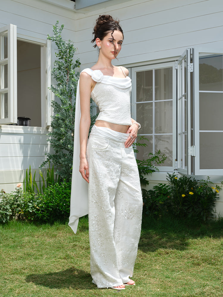 J TheChosen"Midday Moonbeam"White Sequin linen chiffon pleated pants