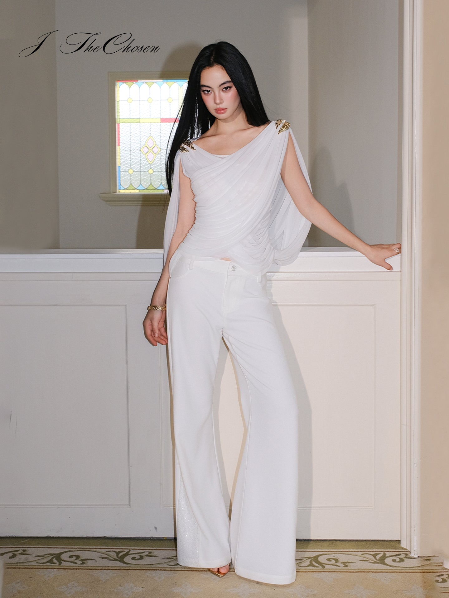 J TheChosen White Grecian Ruched Crisscross Cami