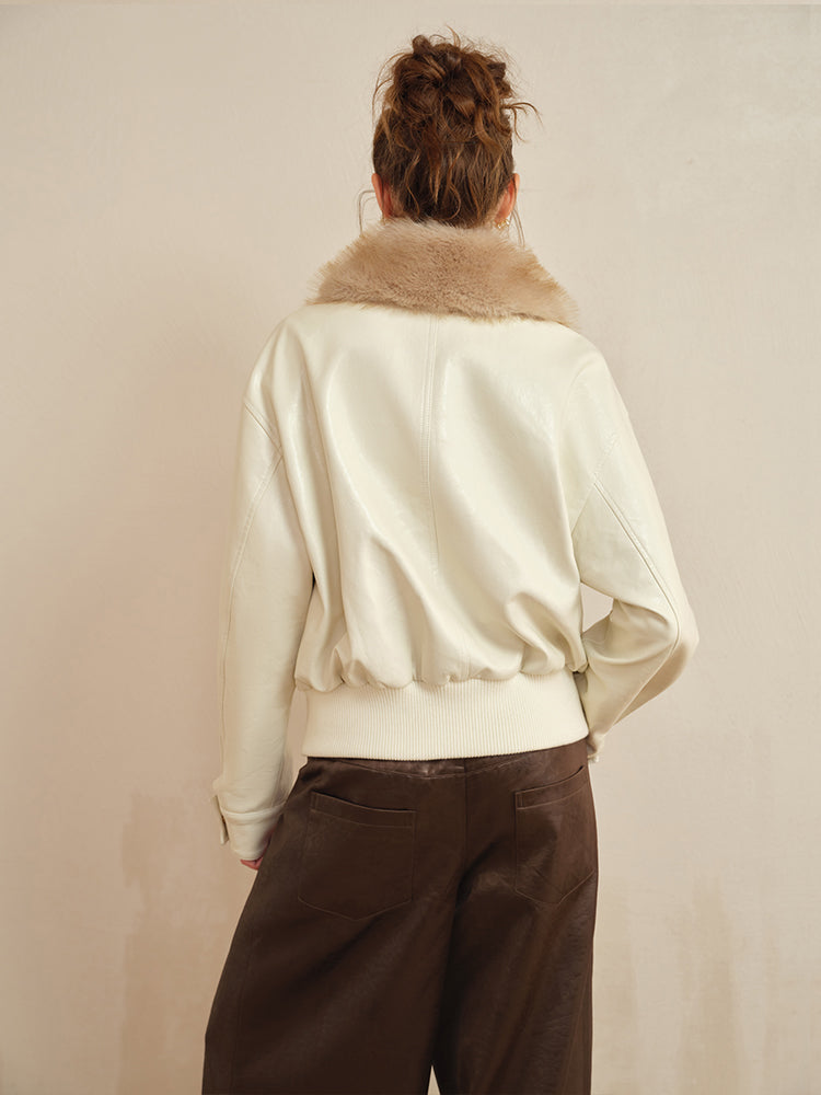J TheChosen White Leather Jacket with Removable Faux Fur Collar