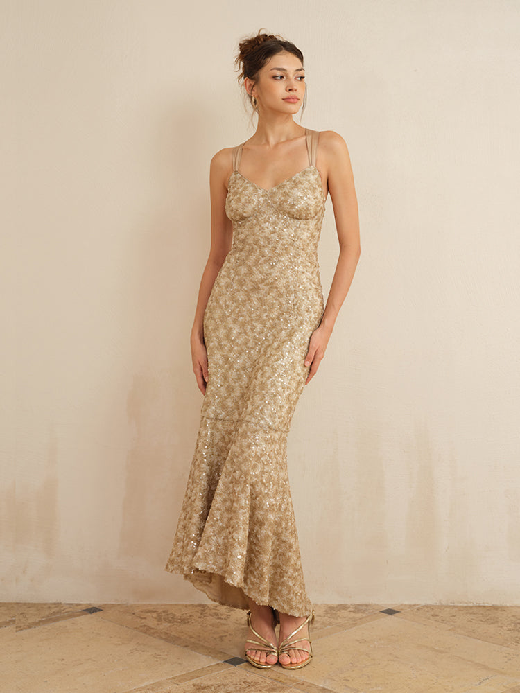 J TheChosen Champagne Gold Cross-Strap Backless Mermaid Maxi Dress
