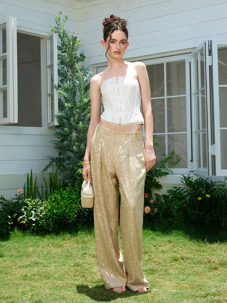 J TheChosen "Palm Spring"Linen sequin low-rise loose wide-leg pants