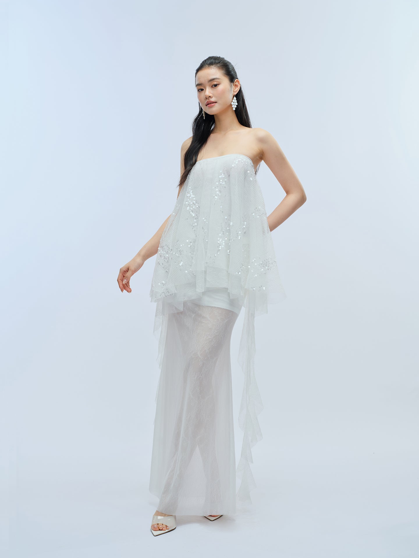 J TheChosen Pleated Sequin Lace Mesh Fishtail Skirt Set