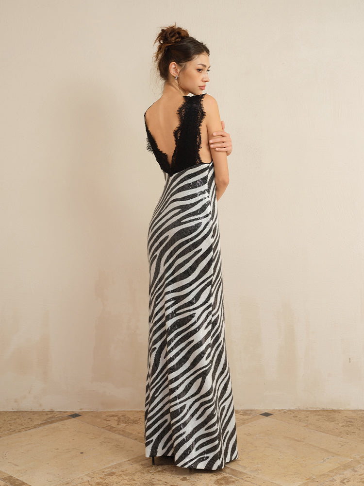 J TheChosen Zebra Print Sequin Maxi Dress