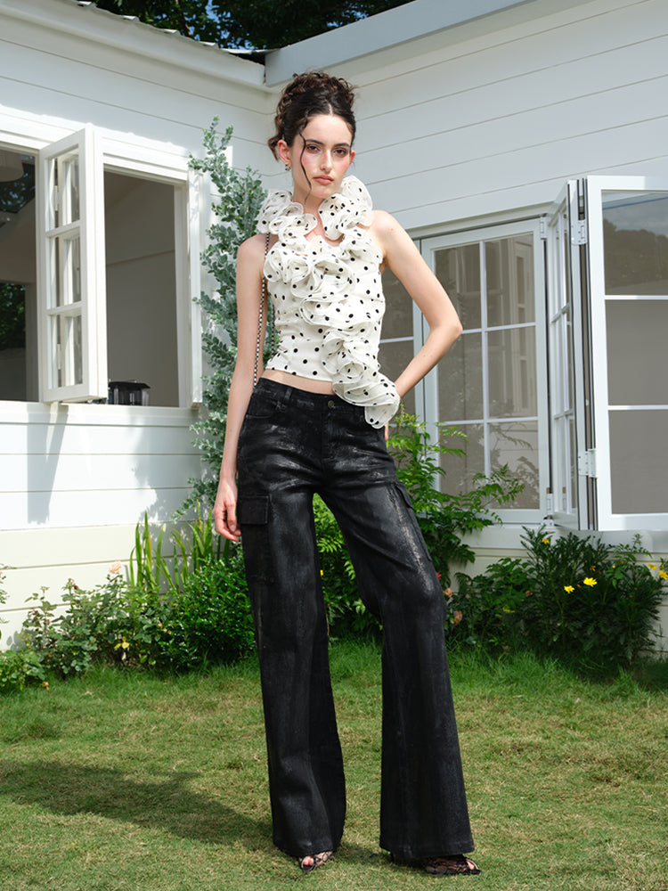 J TheChosen “liquid wax” Black low-rise waxed denim wide-leg pants