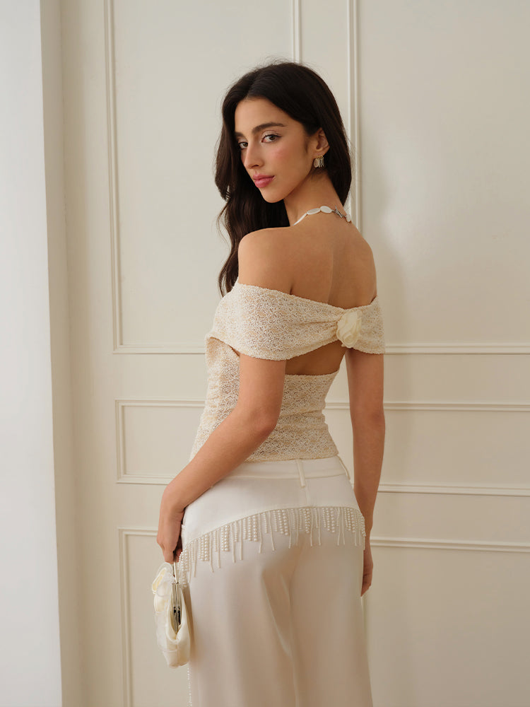 J TheChosen "Floral Grace"Off-Shoulder Back flower Lace Top