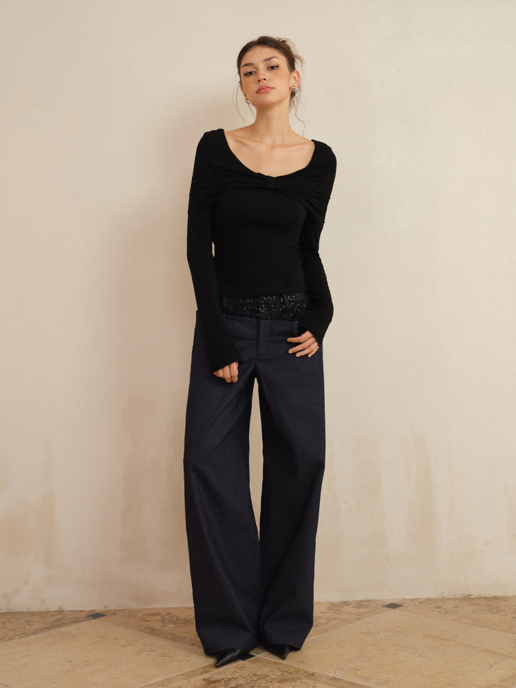 J TheChosen Dual-Waist Lace and Sequin Patchwork Navy Wide-Leg Pants