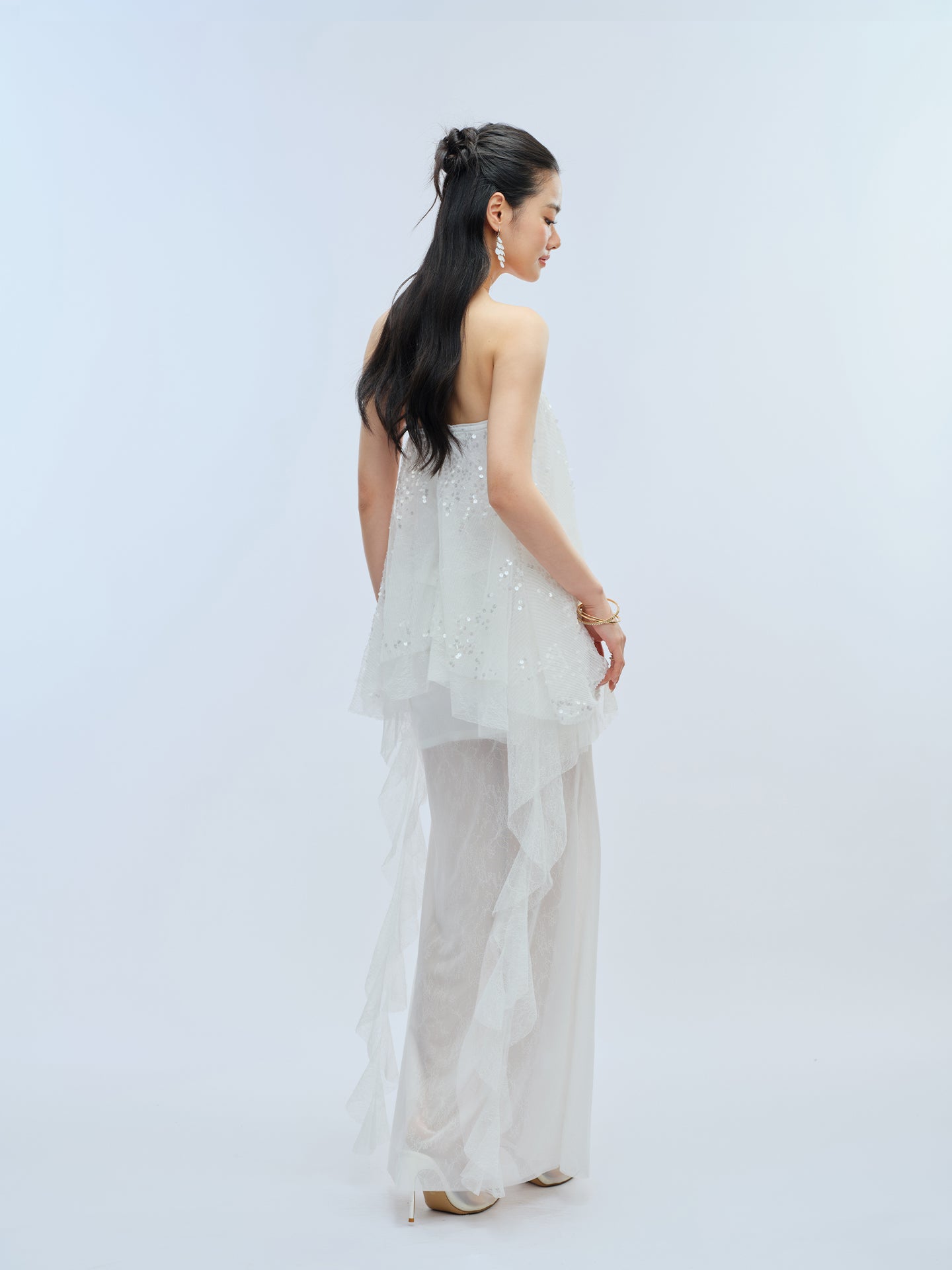 J TheChosen Pleated Sequin Lace Mesh Fishtail Skirt Set